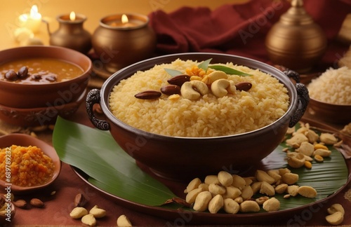 Closeup of Sakkarai Pongal- special food of Makar Sankranti filling with moong dal and jaggery