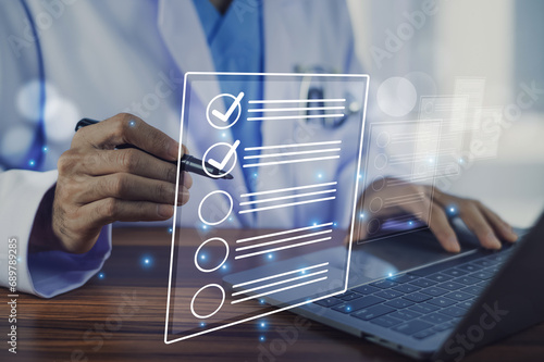 Doctor  tick correct sign mark in checkbox for patient quality control checklist.