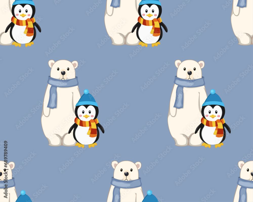 Penguin and polar bear wallpaper pattern. Two friends are standing nearby - a northern polar bear and a penguin in a hat. Winter cartoon wallpapers. Penguin and polar bear wallpaper pattern. Two friends are standing nearby - a northern polar bear and a penguin in a hat. Winter cartoon wallpapers.