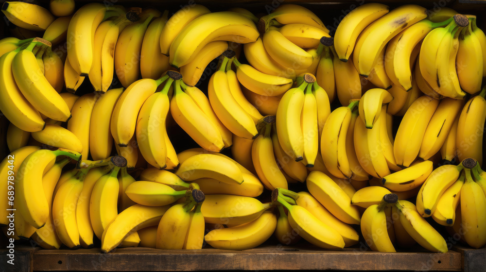 Bananas in a wooden box. Top view of bananas lying in a box. Background for design.