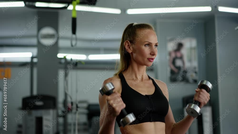 A young girl athlete with confident look in the gym does exercises with dumbbells. Breathes, raises and spreads arms to the sides. Showing beauty and strength of body. A sports lifestyle concept A young girl athlete with confident look in the gym does exercises with dumbbells. Breathes, raises and spreads arms to the sides. Showing beauty and strength of body. A sports lifestyle concept