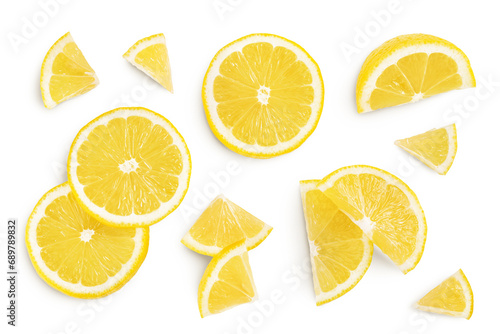 Ripe lemon slices isolated on white background with full depth of field. Top view. Flat lay