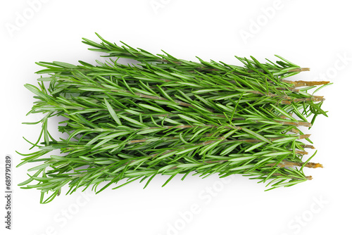 Rosemary twig and leaves isolated on white background. Top view. Flat lay