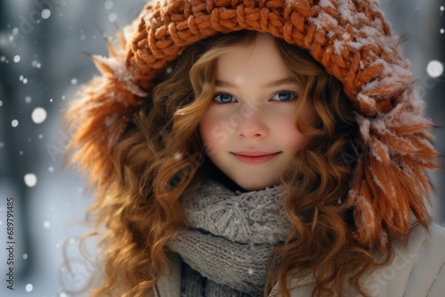 Winter portrait of a cute blue-eyed girl in winter clothes against a background of falling snow.