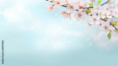 a branch of a cherry blossom on the background of the sky. the spring banner.  sakura flowers. a place for the text.