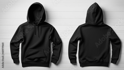 A pair of black hoodies hanging on a wall, dressed black hoodie, AI generated