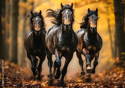 Galloping horses in autumn landscape with falling leaves. AI generated © Alicina