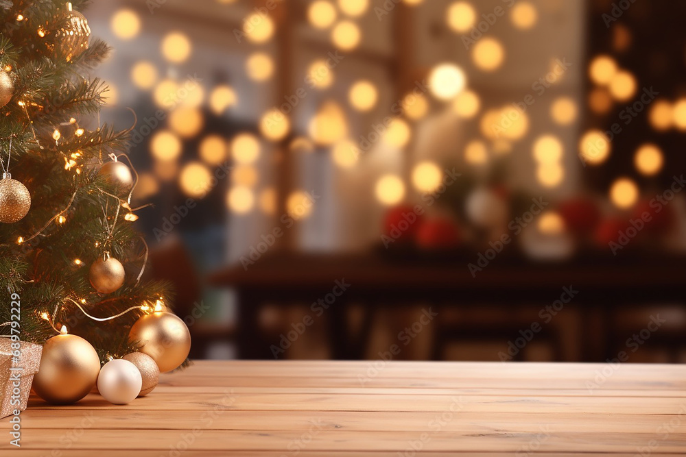 Festive Table Setting with Blurry Christmas Tree Background