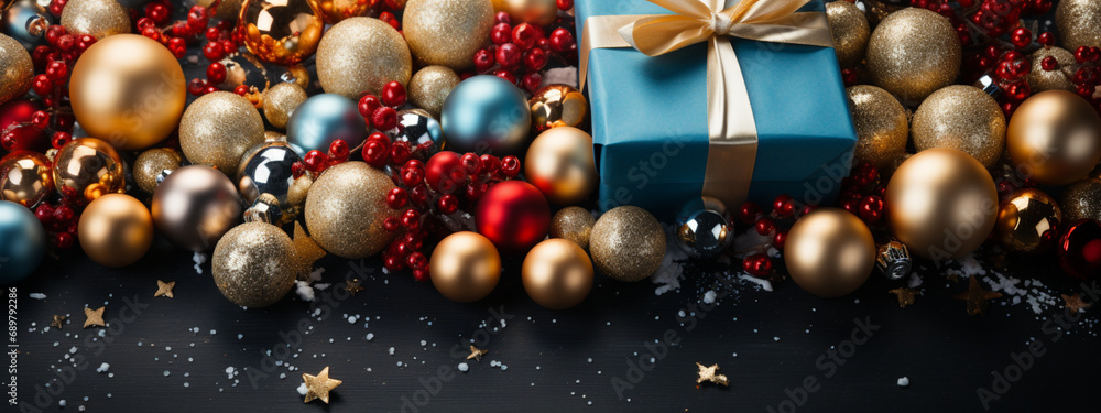 Vibrant Christmas Design: Red, Gold, Silver and Blue Baubles, Fir Branches and a Gift Box in a Frame on a Festive Background. Vibrant Christmas Design: Red, Gold, Silver and Blue Baubles, Fir Branches and a Gift Box in a Frame on a Festive Background.