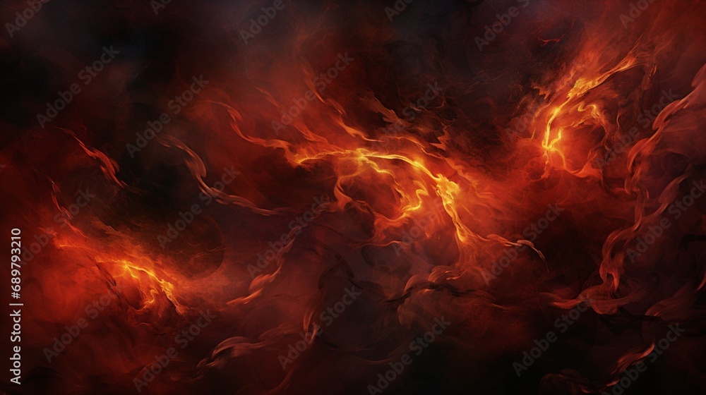An abstract fire frame with swirling flames and smoky textures against a deep red background, creating a visually striking and dramatic composition.