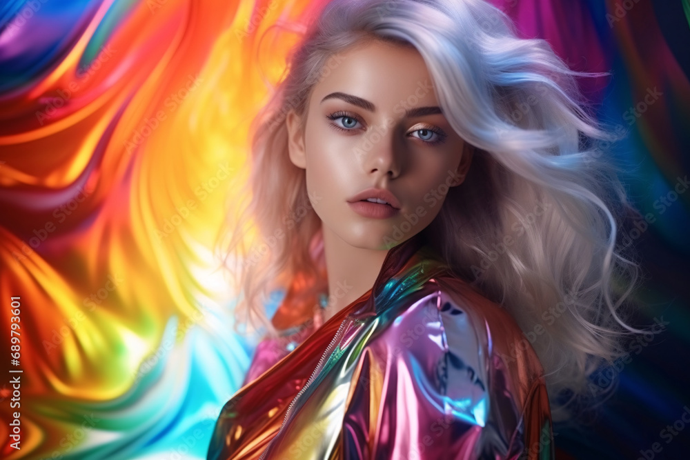 Fototapeta premium Futuristic abstract fashion portrait of a woman in front of a colorful fluorecent background