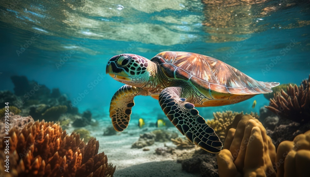 Fototapeta premium A Majestic Green Sea Turtle Swimming Through a Colorful Coral Reef
