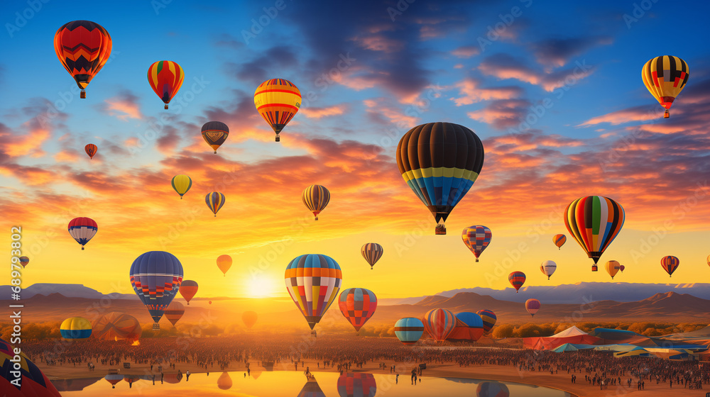 Obraz premium hot air balloons in the sky during sunrise. The balloons are of various colors and patterns, creating a contrast with the sky and the water. The sky is orange and blue, creating a gradient effect.