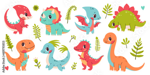 Cute dinosaur set. Clipart set of cute colored dinosaurs. Trex, diplodocus, triceratops, pterodactel in cartoon style.