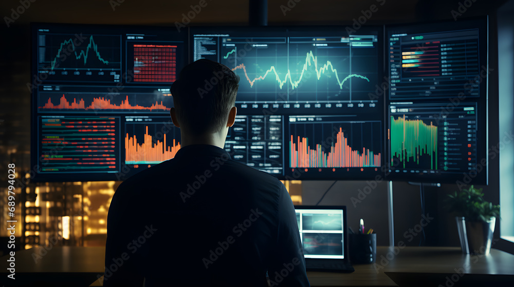 Person works with big digital displays and stock market graphs on they. Concept of business analysing stock markets and successful deals Person works with big digital displays and stock market graphs on they. Concept of business analysing stock markets and successful deals