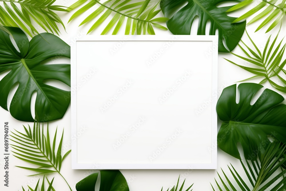 Top view blank white picture frame surrounded by palm tree and monstera leaves