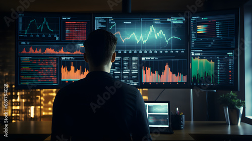 Person works with big digital displays and stock market graphs on they. Concept of business analysing stock markets and successful deals 