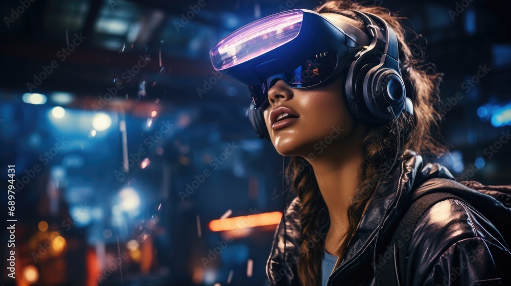 Illustration of living in the city of cyberpunk simulation and metaverse futuristic neon light glow, vr virtual reality Illustration of living in the city of cyberpunk simulation and metaverse futuristic neon light glow, vr virtual reality