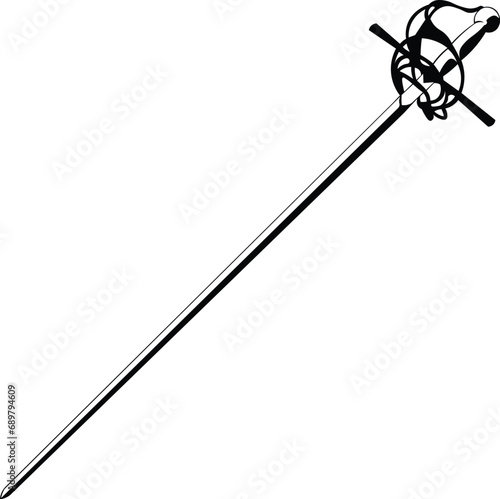 Cartoon Black and White Isolated Illustration Vector Of A Rapier Sword