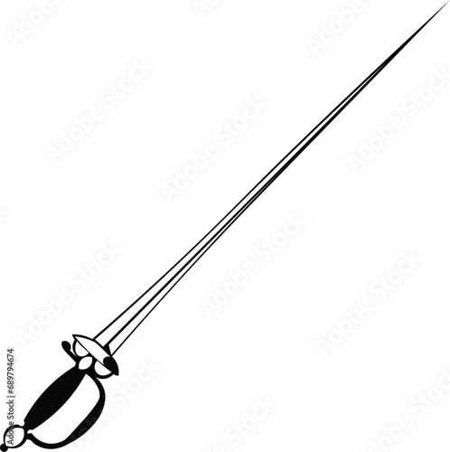 Cartoon Black and White Isolated Illustration Vector Of A Rapier Sword
