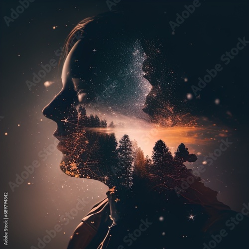 Double exposure surreal image of face and universe. Great for stories on dreams, imagination, intelligence, religion, philosophy and more. 