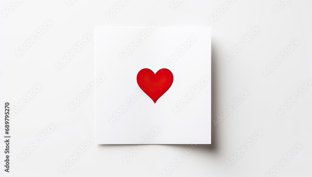 A white card with a red paper heart in the center. Valentine day