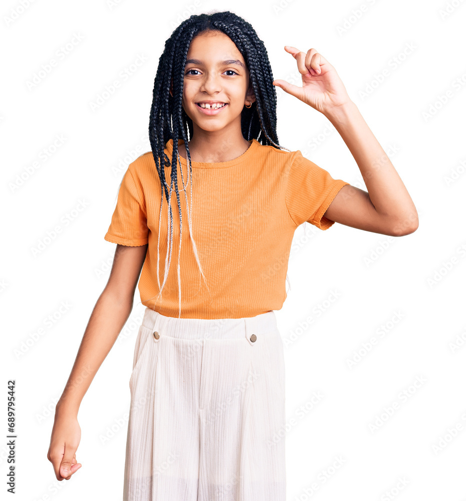 Cute african american girl wearing casual clothes smiling and confident gesturing with hand doing small size sign with fingers looking and the camera. measure concept. Cute african american girl wearing casual clothes smiling and confident gesturing with hand doing small size sign with fingers looking and the camera. measure concept.