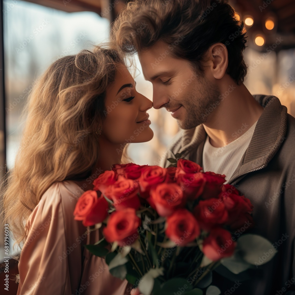 valentine couple with bouquet of red roses valentine couple with bouquet of red roses