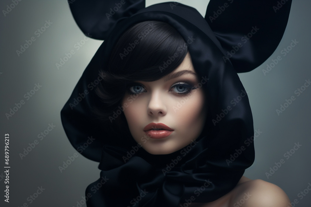 Beauty, fashion, style and make-up concept. Beautiful young woman with bunny ears studio portrait looking at camera. Minimalist style Beauty, fashion, style and make-up concept. Beautiful young woman with bunny ears studio portrait looking at camera. Minimalist style
