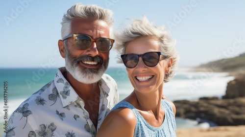 Senior elegant couple with perfect skincare caucasian man and woman at retirement vacation leading active lifestyle