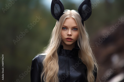 Beauty, fashion, style and make-up concept. Beautiful young woman with bunny ears studio portrait looking at camera. Minimalist style