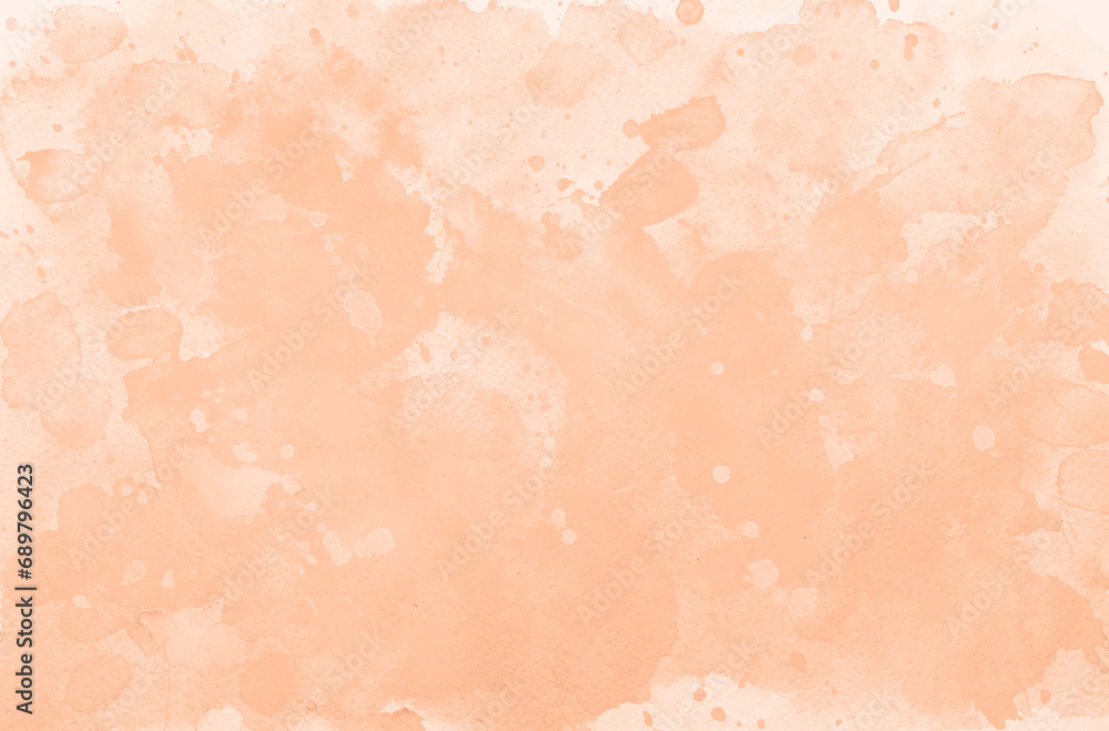 Fototapeta premium Peach fuzz watercolor textures on white paper background. Paint leaks and ombre effects. Hand painted abstract backdrop. Trendy color.