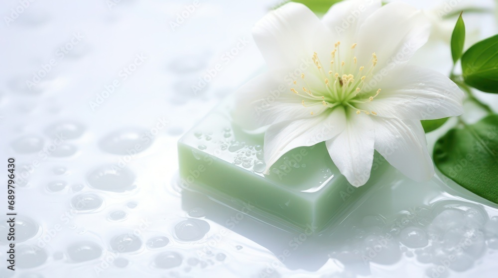 Green matte natural soap with white lily flower on wet white glossy surface with water drops, close-up, selective focus. Green matte natural soap with white lily flower on wet white glossy surface with water drops, close-up, selective focus.