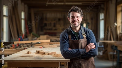 Portrait of a skilled carpenter smiling in a workshop, with woodworking tools in the background photo