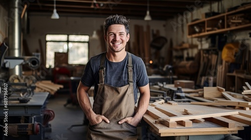 Portrait of a skilled carpenter smiling in a workshop, with woodworking tools in the background