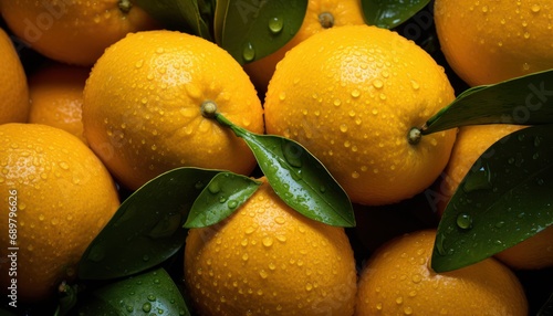 A Pile of Oranges with Leaves and Water Drops