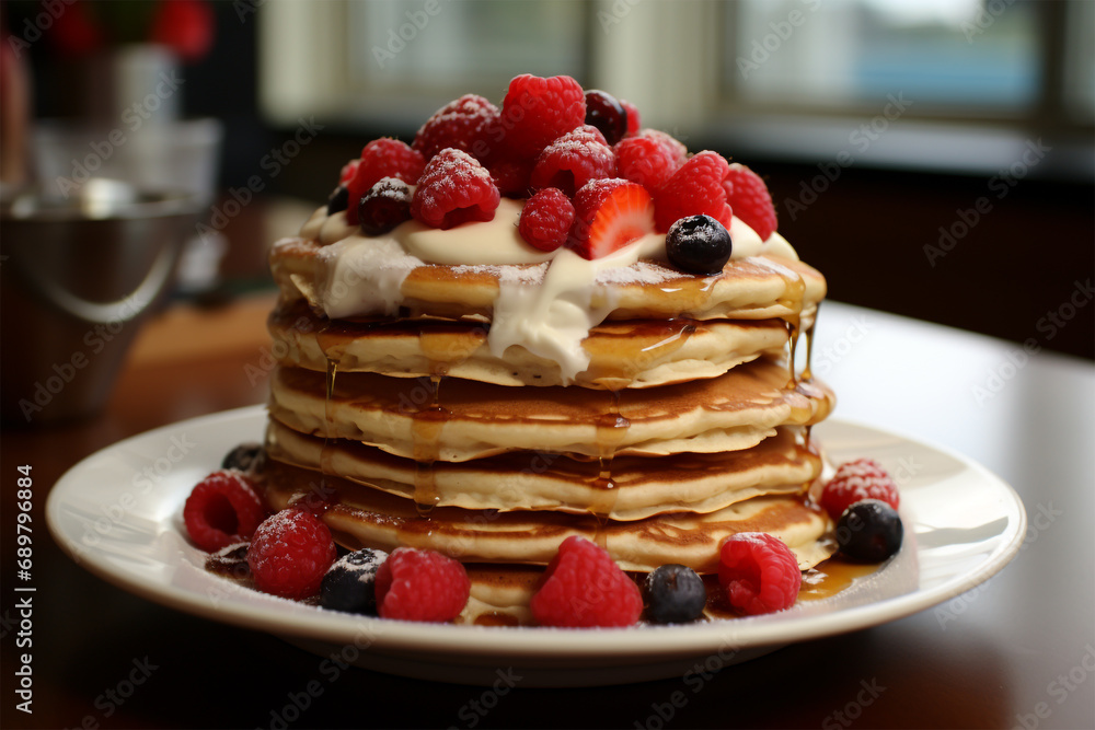 Frühstücksgenuss - Ein verlockendes Bild von goldbraunen Pancakes, das den köstlichen Charme eines perfekten Frühstücks einfängt Frühstücksgenuss - Ein verlockendes Bild von goldbraunen Pancakes, das den köstlichen Charme eines perfekten Frühstücks einfängt