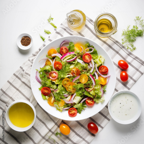 salad with tomatoes and cheese Fresh Healthy Salad In White Bowl
