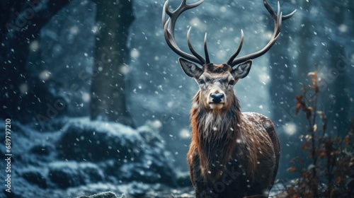 Red deer in falling snow in winter forest