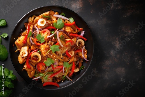 Delicious Thai food on black plate. Stir fry top view