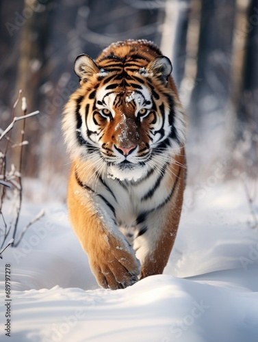 Tiger in wild winter nature. Amur tiger running in the snow.