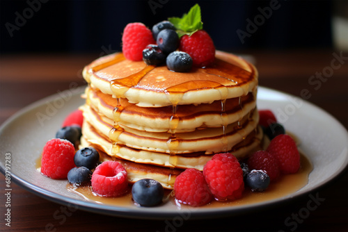 Frühstücksgenuss - Ein verlockendes Bild von goldbraunen Pancakes, das den köstlichen Charme eines perfekten Frühstücks einfängt