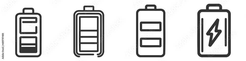 Battery icon vector illustration set, pack, collection. Battery charging sign and symbol. Battery charge level - obrazy, fototapety, plakaty 