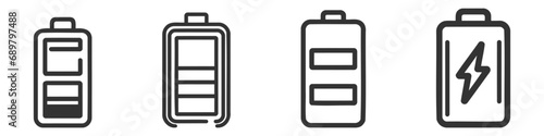 Battery icon vector illustration set, pack, collection. Battery charging sign and symbol. Battery charge level photo