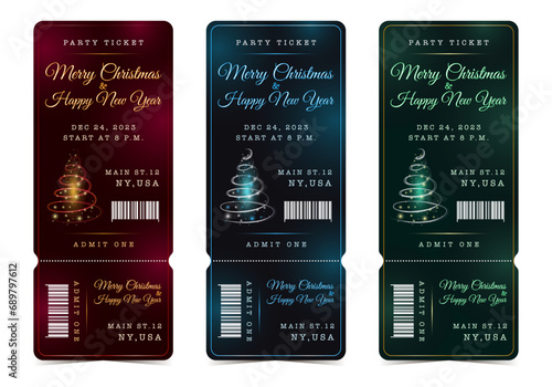 Set of Merry Christmas elegant vertical party ticket for admit one