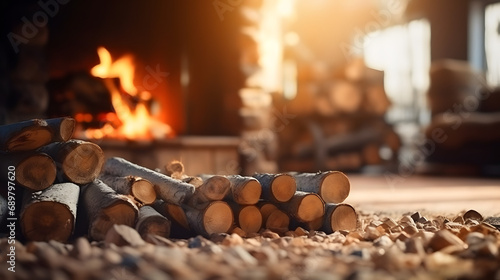Messy arrangement of wood logs next to village old rusty fireplace