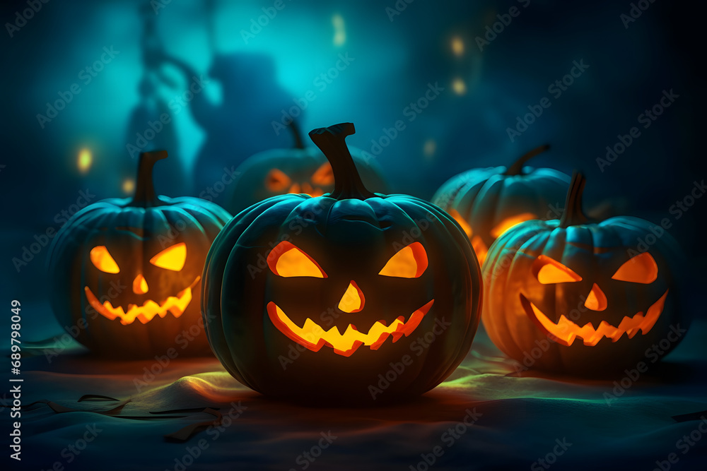 A group of illuminated jack-o'-lanterns creates a spooky atmosphere in a dark room, perfect for Halloween decoration ideas A group of illuminated jack-o'-lanterns creates a spooky atmosphere in a dark room, perfect for Halloween decoration ideas