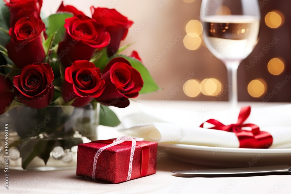 front view of dining table with red roses valentine's day dinner concept front view of dining table with red roses valentine's day dinner concept