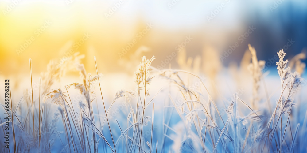 Beautiful gentle winter landscape, frozen grass on snowy natural background. Winter background with flowers covered snow crystals glittering in sunlight. Defocused winter landscape.	