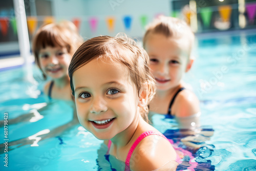 Diverse young children enjoying swimming lessons in pool, learning water safety skills, showing joy and camaraderie, representing a healthy lifestyle. 